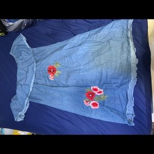 Off the shoulder jean dress.